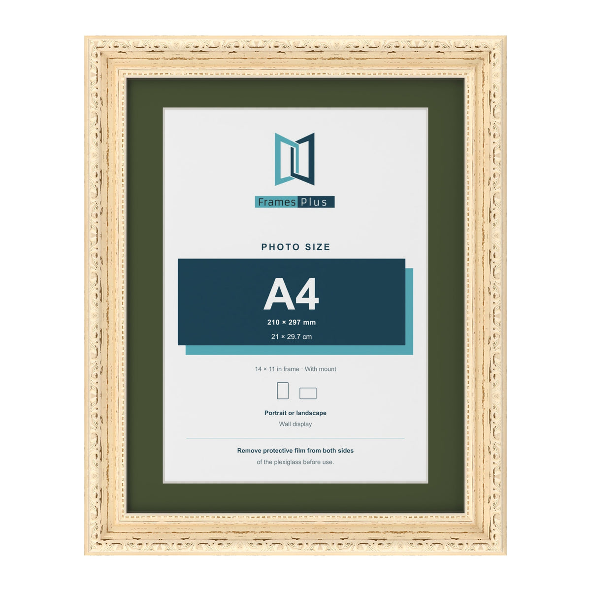 Louis Cream 14 x 11 inch picture frame with a green mount for an A4 photo