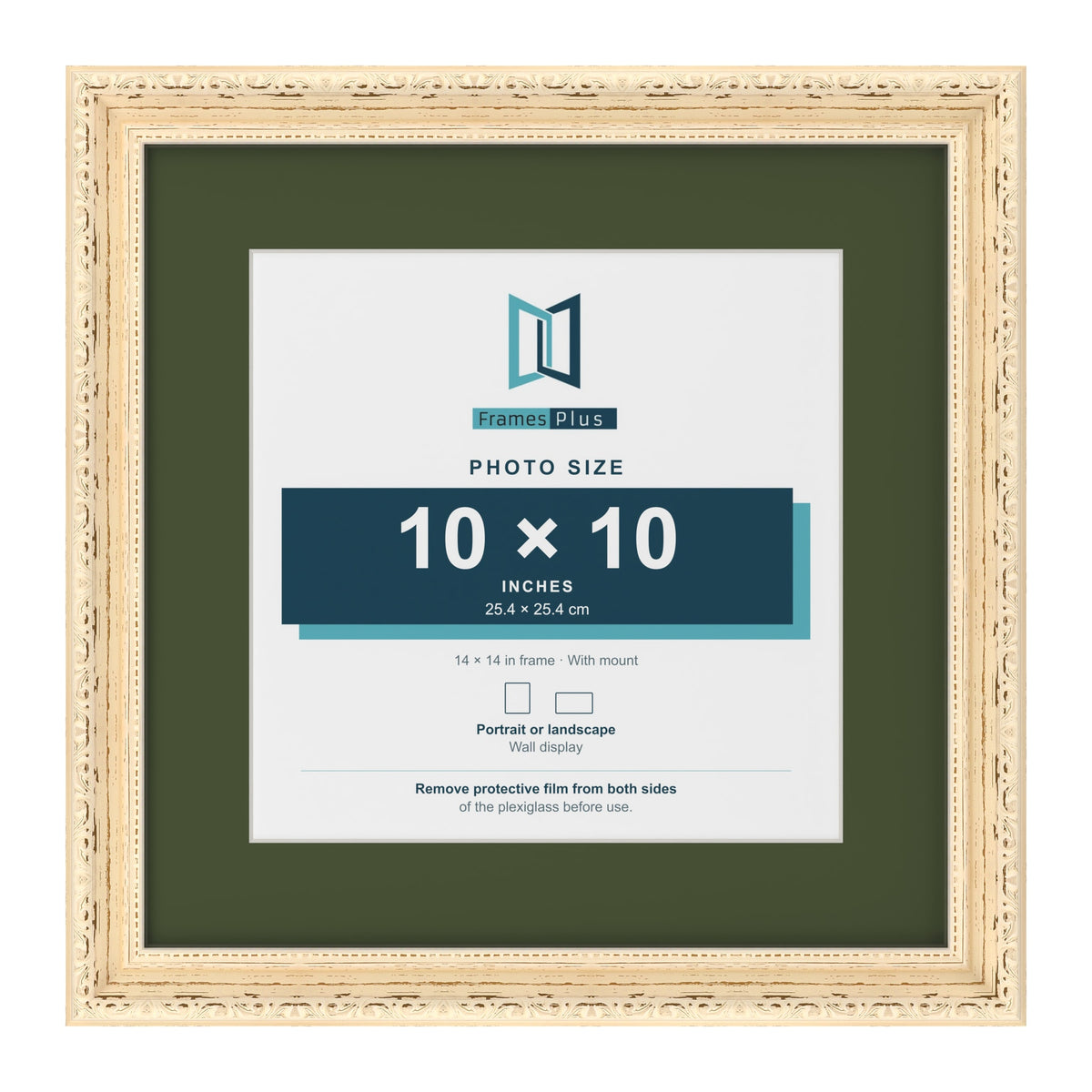 Louis Cream 14 x 14 inch picture frame with a green mount for a 10 x 10 inch photo