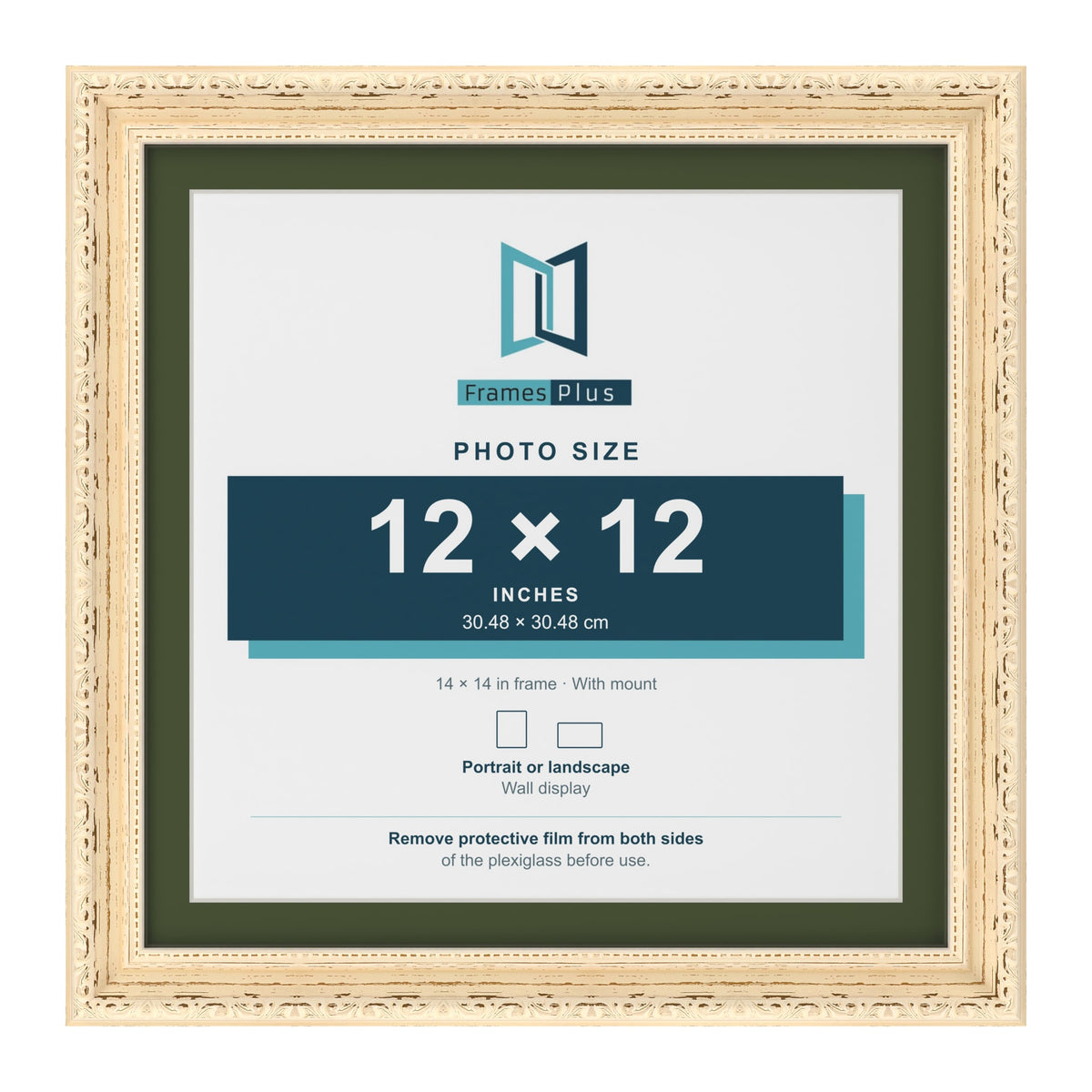 Louis Cream 14 x 14 inch picture frame with a green mount for a 12 x 12 inch photo