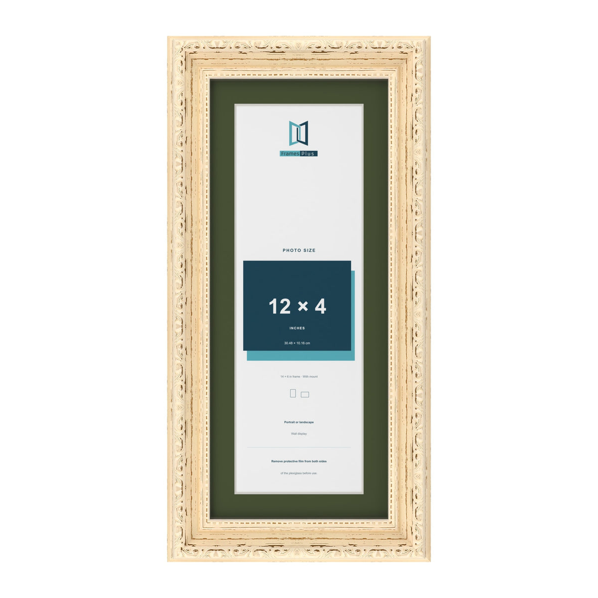 Louis Cream 14 x 6 inch picture frame with a green mount for a 12 x 4 inch photo