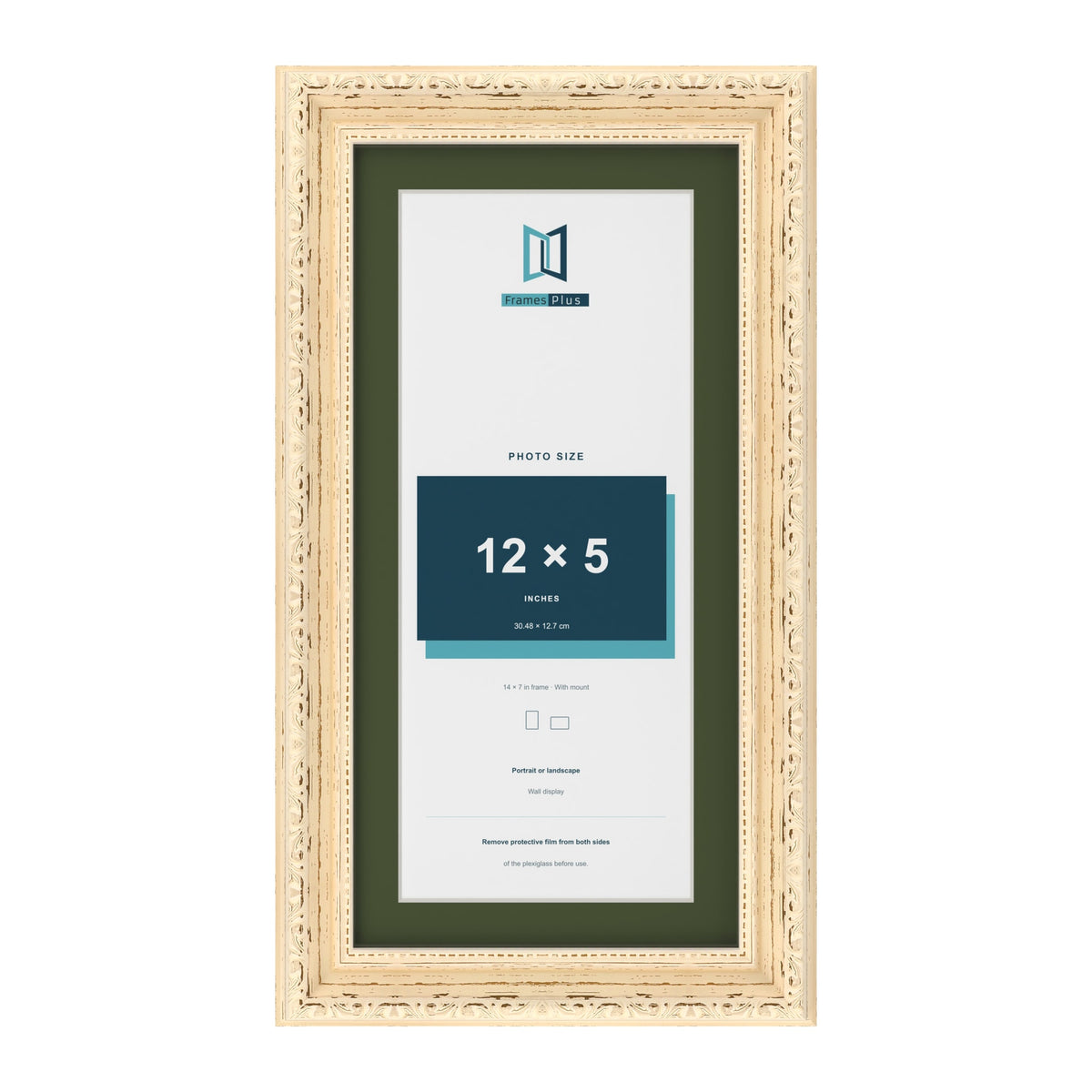 Louis Cream 14 x 7 inch picture frame with a green mount for a 12 x 5 inch photo