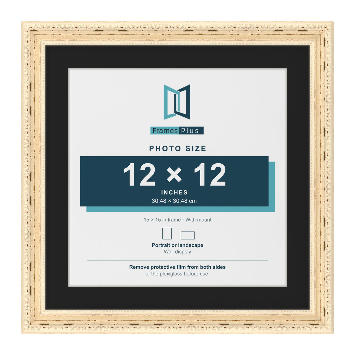 Louis Cream 15 x 15 inch picture frame with a black mount for a 12 x 12 inch photo