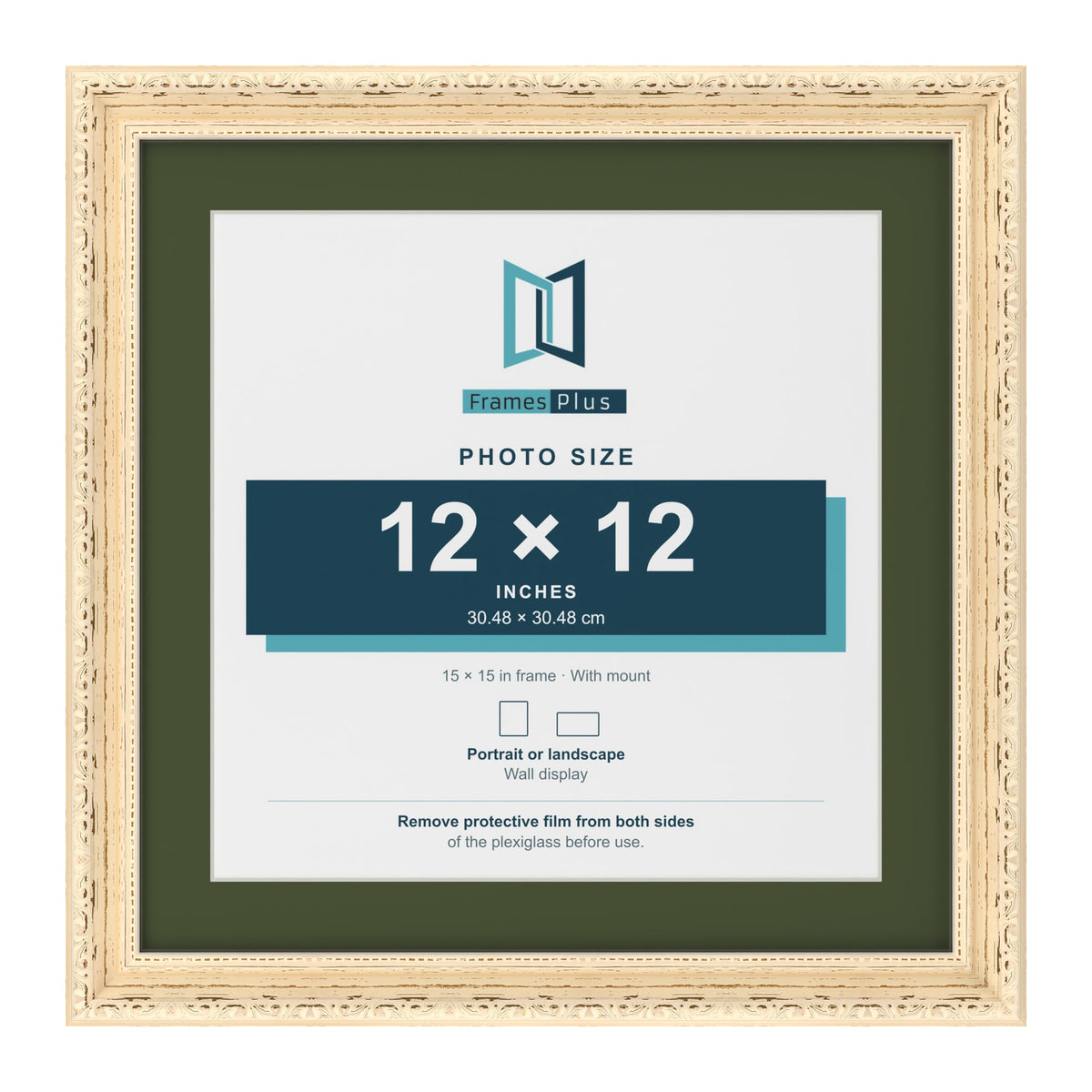 Louis Cream 15 x 15 inch picture frame with a green mount for a 12 x 12 inch photo