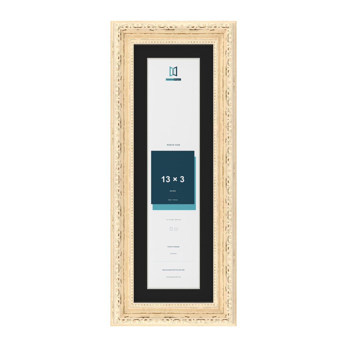 Louis Cream 15 x 5 inch picture frame with a black mount for a 13 x 3 inch photo