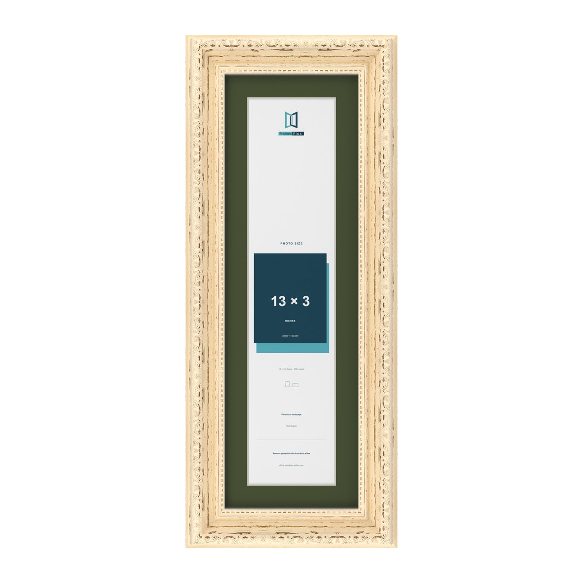 Louis Cream 15 x 5 inch picture frame with a green mount for a 13 x 3 inch photo