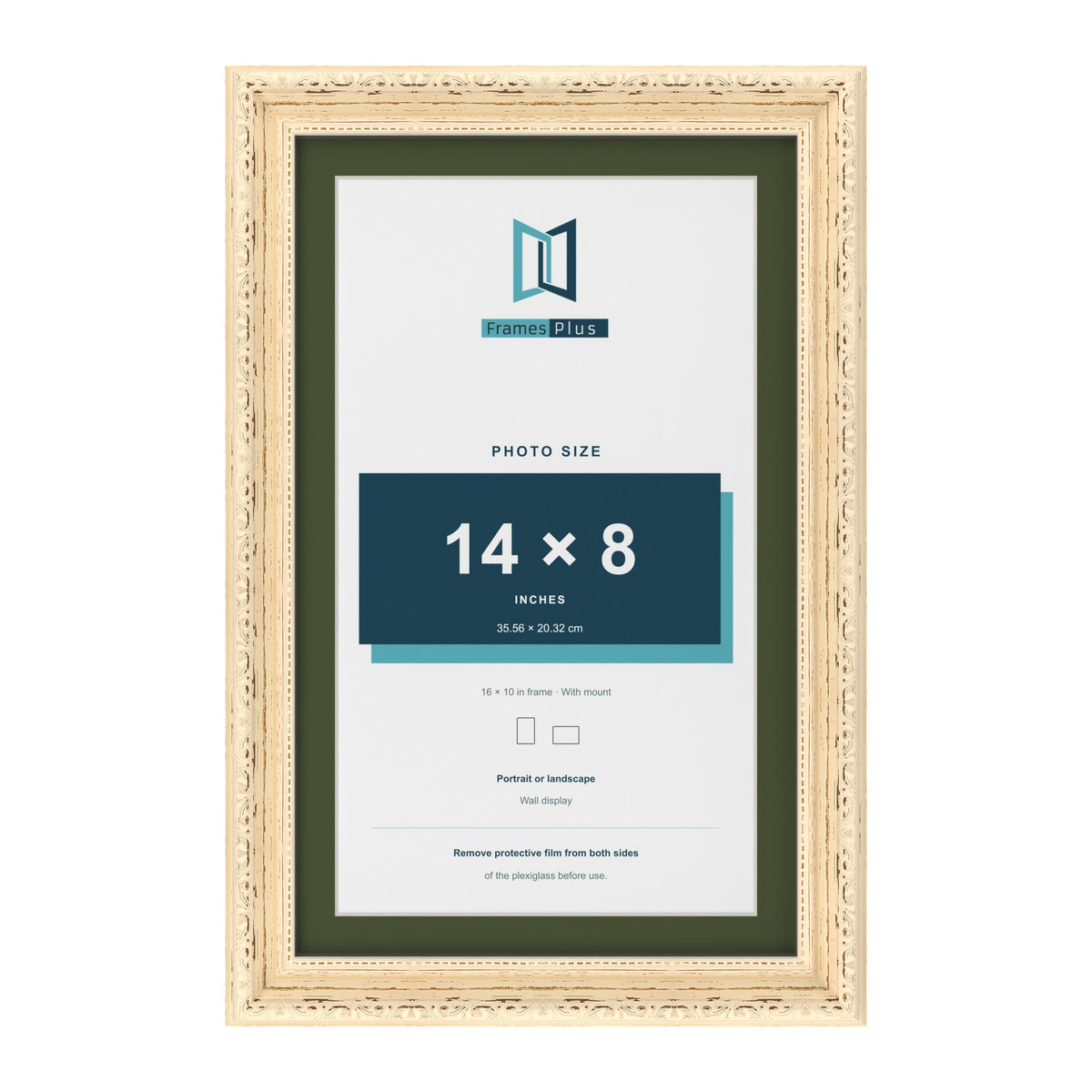 Louis Cream 16 x 10 inch picture frame with a green mount for a 14 x 8 inch photo