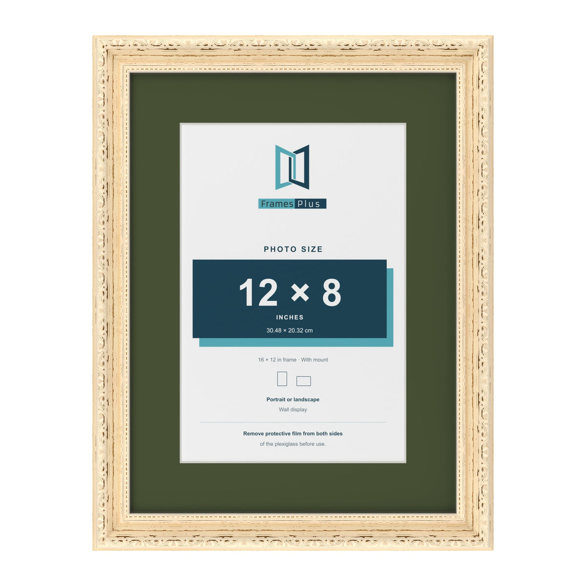 Louis Cream 16 x 12 inch picture frame with a green mount for a 12 x 8 inch photo