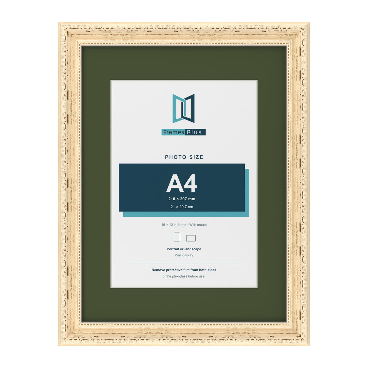Louis Cream 16 x 12 inch picture frame with a green mount for an A4 photo