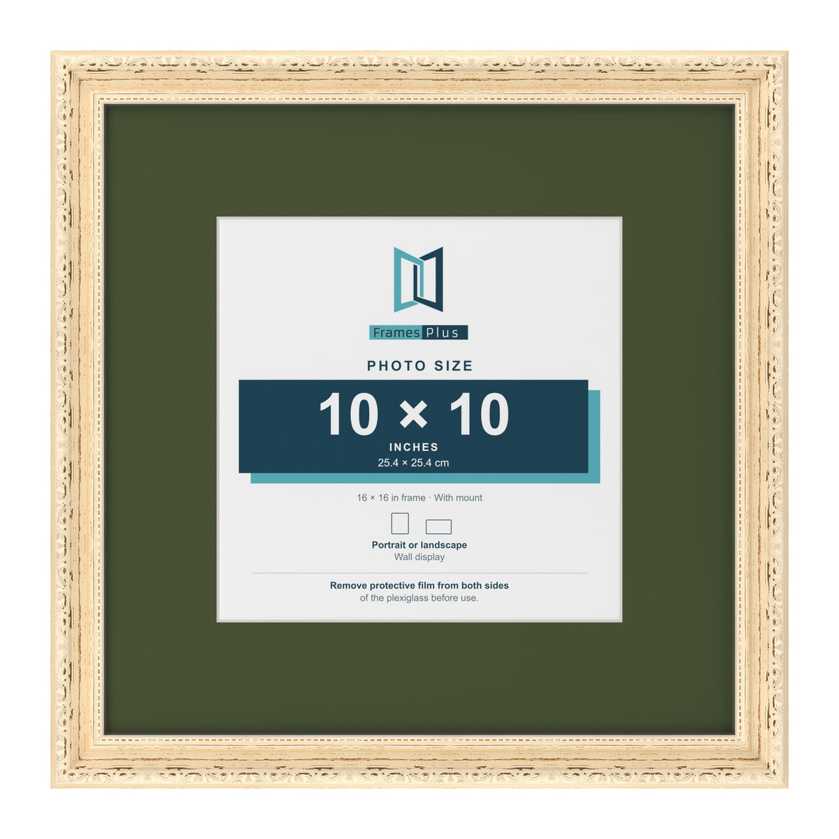 Louis Cream 16 x 16 inch picture frame with a green mount for a 10 x 10 inch photo