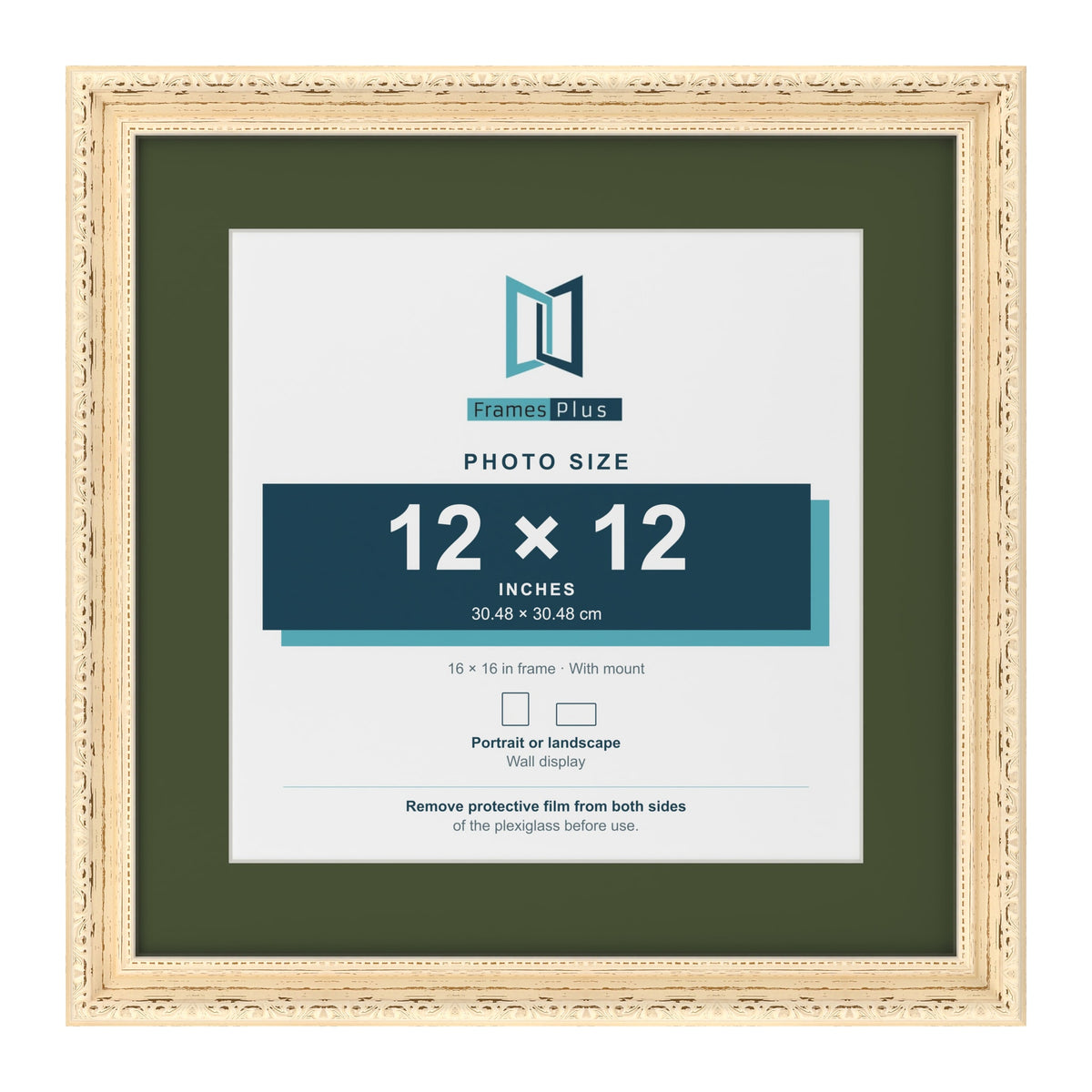 Louis Cream 16 x 16 inch picture frame with a green mount for a 12 x 12 inch photo