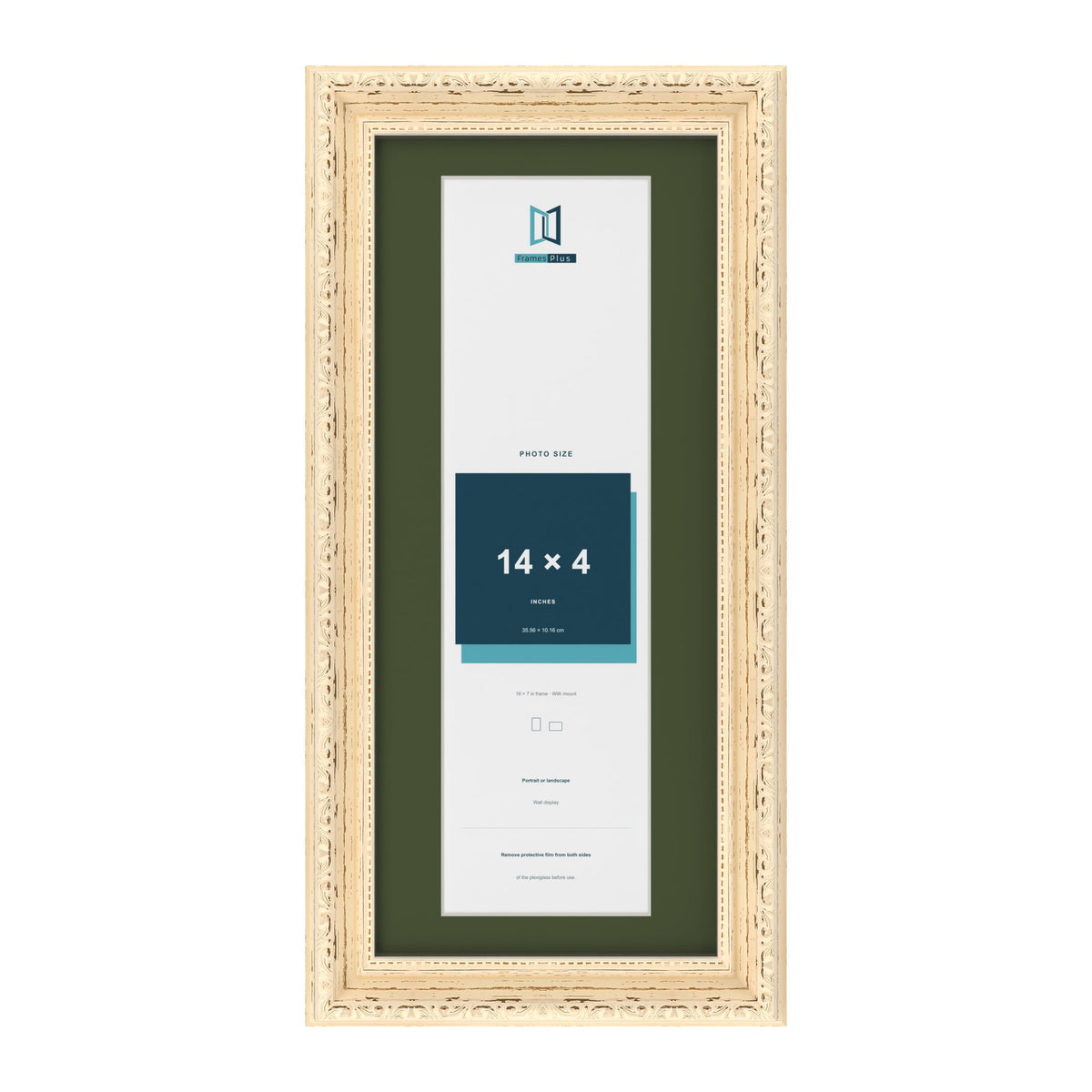Louis Cream 16 x 7 inch picture frame with a green mount for a 14 x 4 inch photo