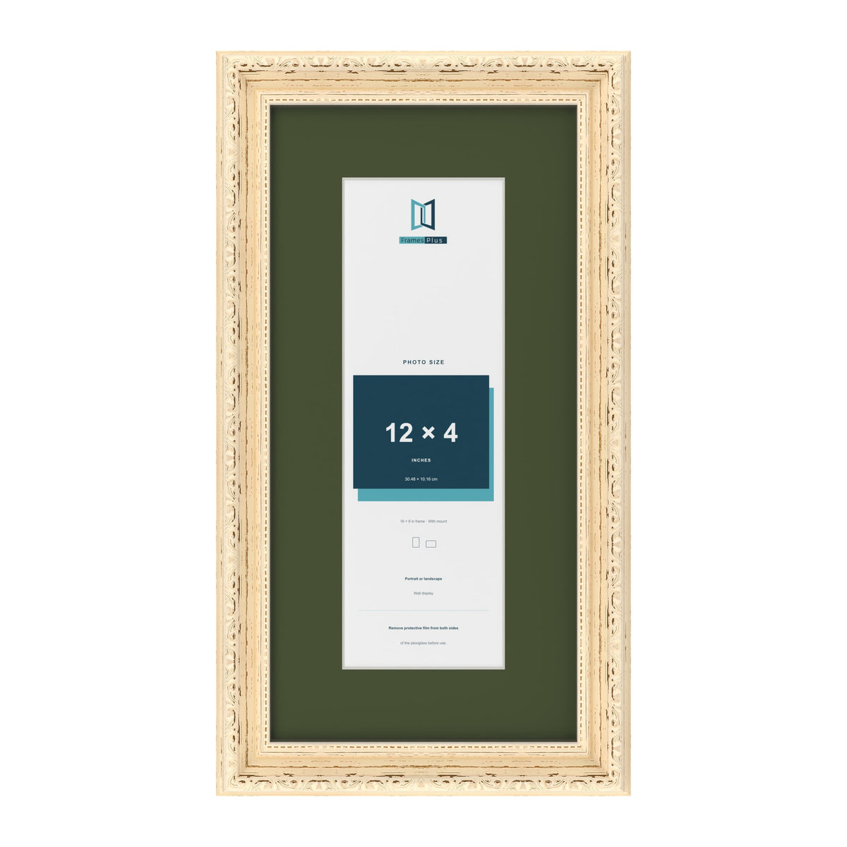 Louis Cream 16 x 8 inch picture frame with a green mount for a 12 x 4 inch photo