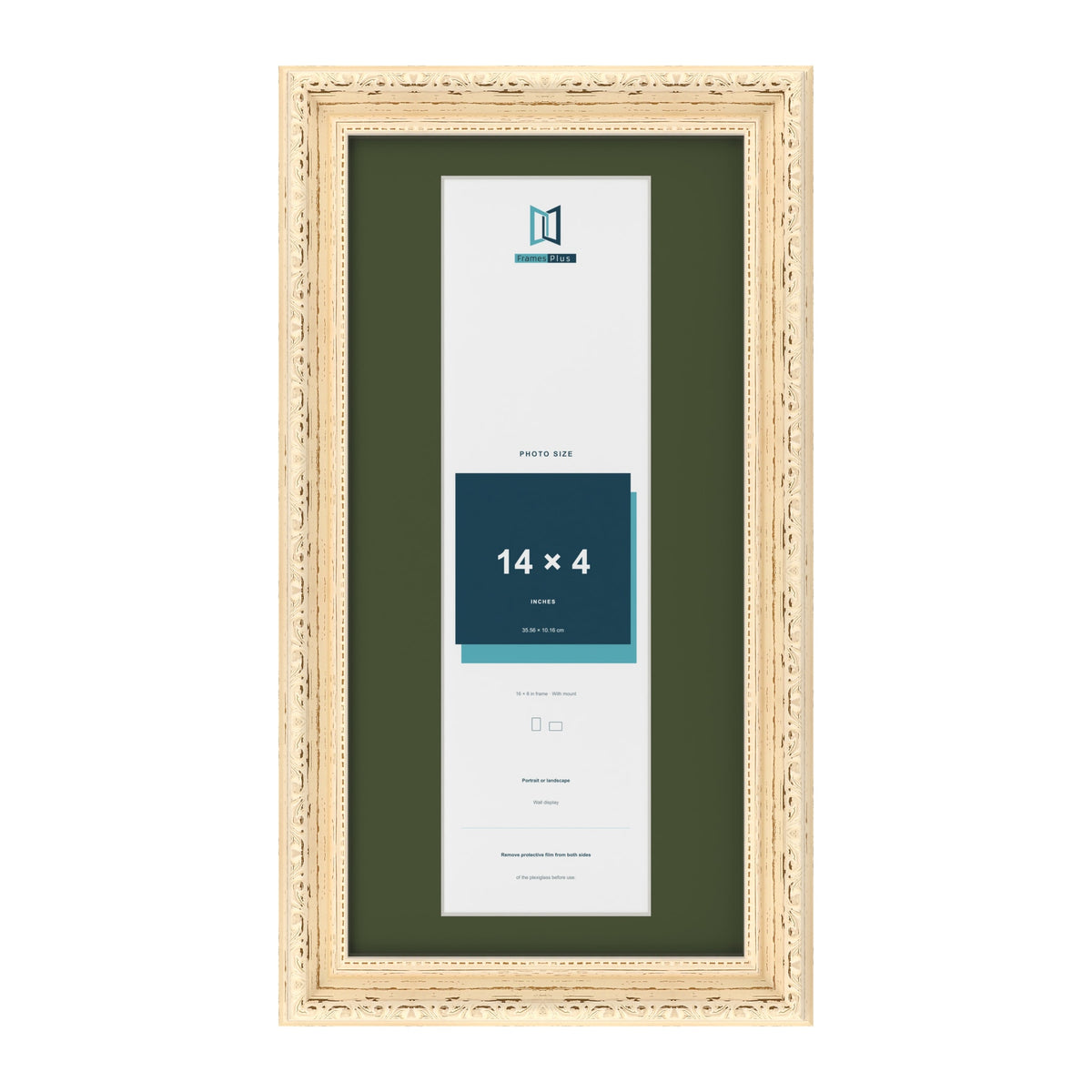 Louis Cream 16 x 8 inch picture frame with a green mount for a 14 x 4 inch photo