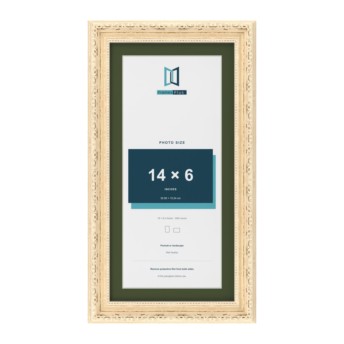 Louis Cream 16 x 8 inch picture frame with a green mount for a 14 x 6 inch photo