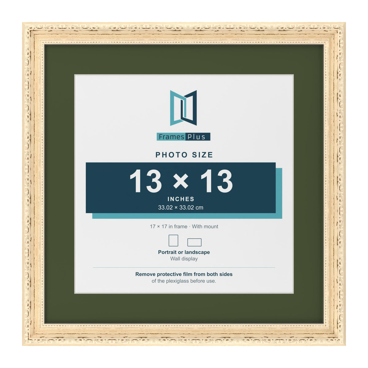 Louis Cream 17 x 17 inch picture frame with a green mount for a 13 x 13 inch photo