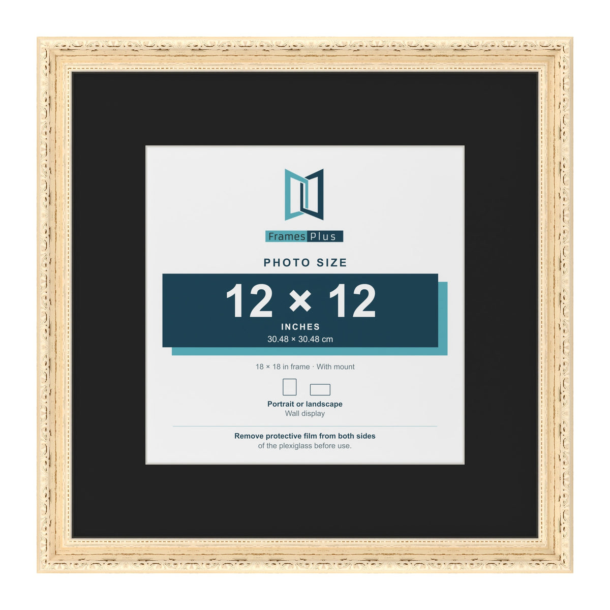 Louis Cream 18 x 18 inch picture frame with a black mount for a 12 x 12 inch photo