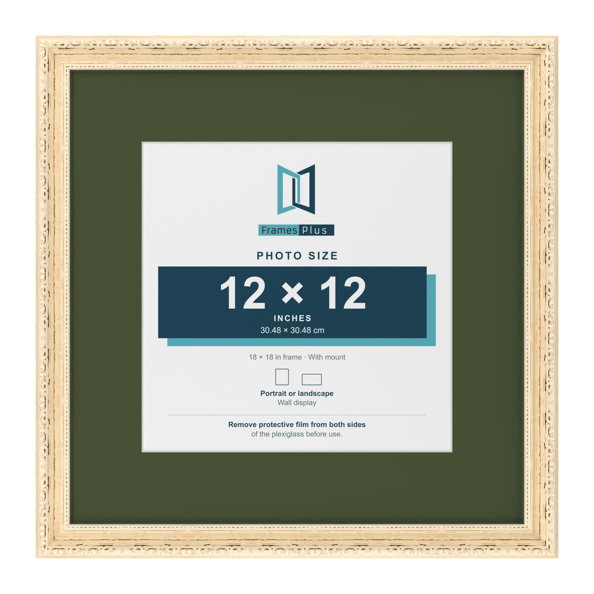 Louis Cream 18 x 18 inch picture frame with a green mount for a 12 x 12 inch photo