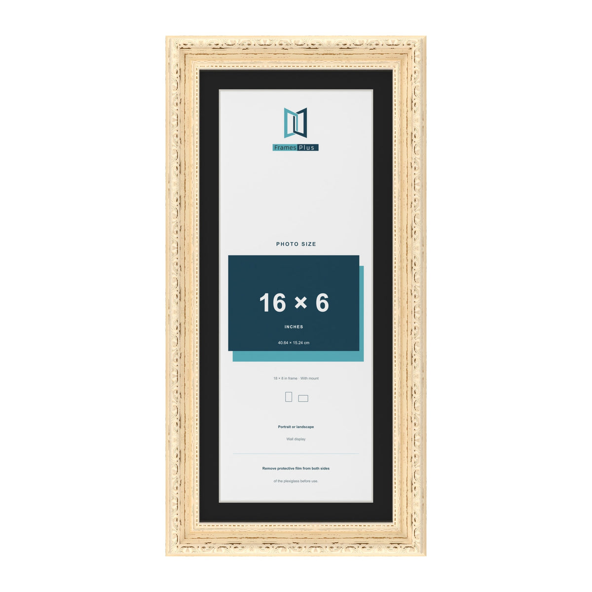 Louis Cream 18 x 8 inch picture frame with a black mount for a 16 x 6 inch photo