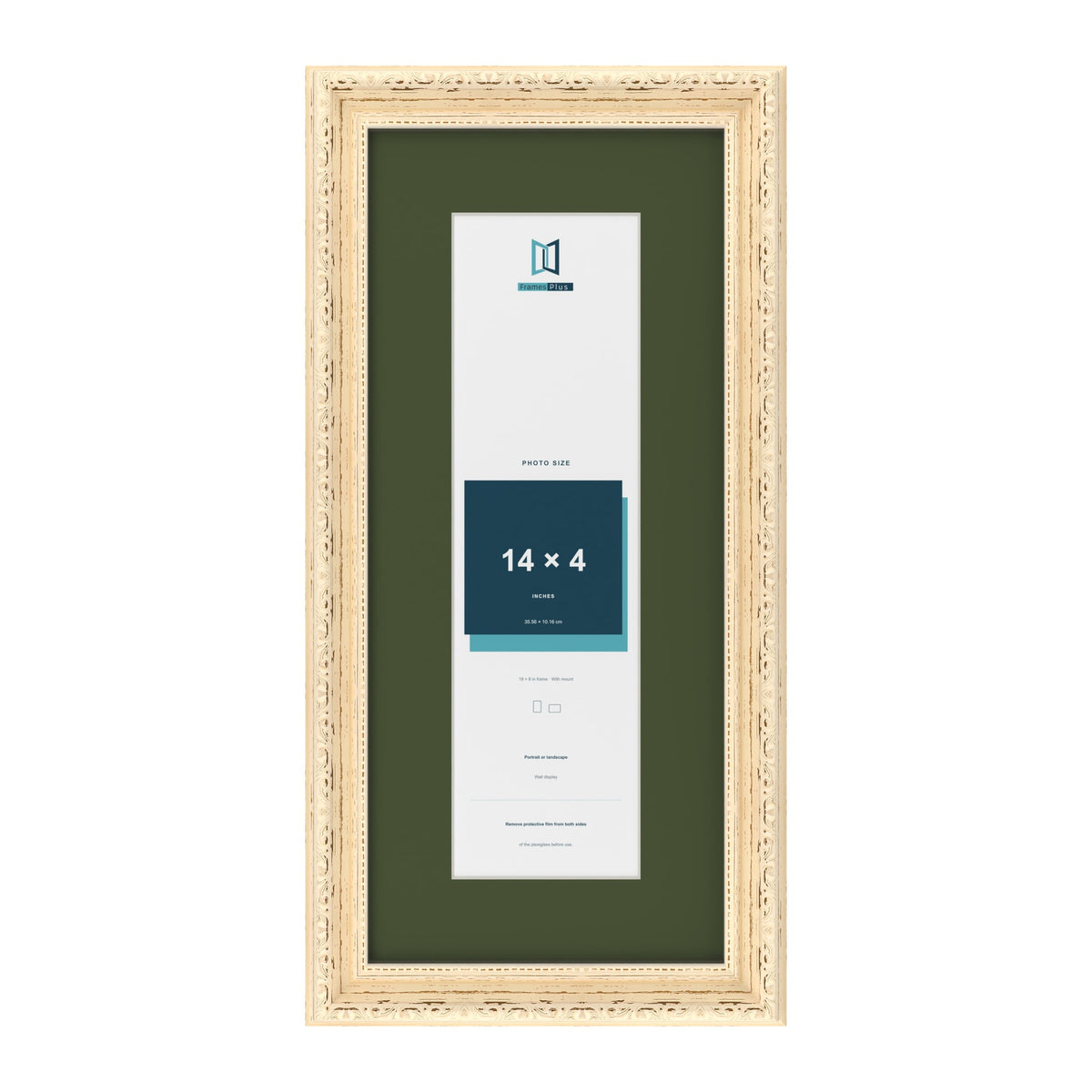 Louis Cream 18 x 8 inch picture frame with a green mount for a 14 x 4 inch photo