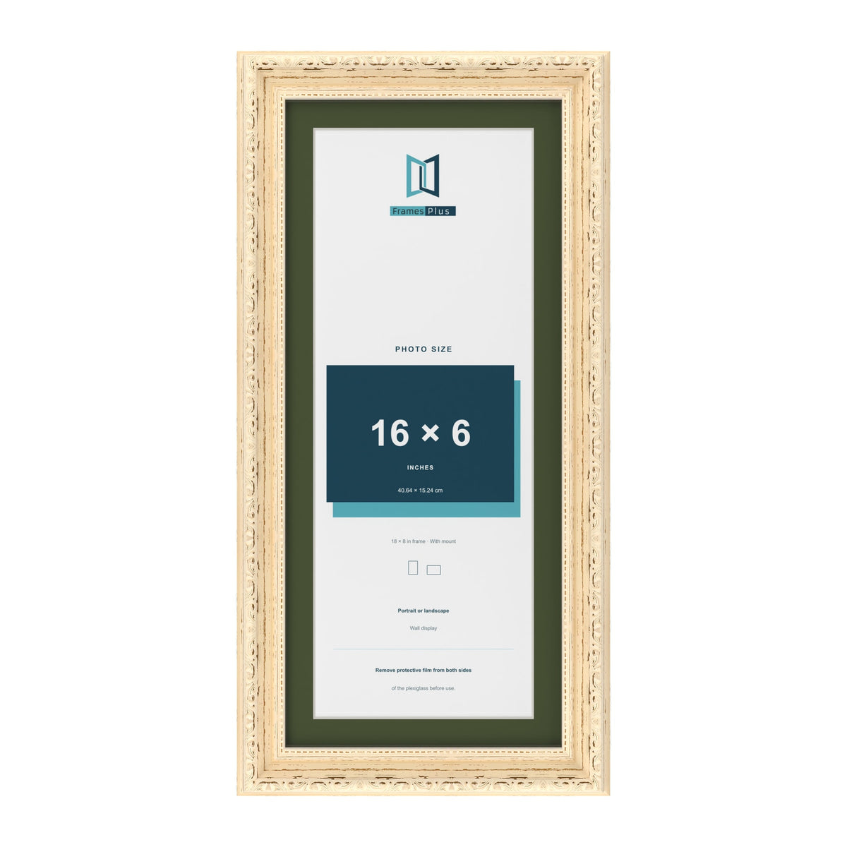 Louis Cream 18 x 8 inch picture frame with a green mount for a 16 x 6 inch photo