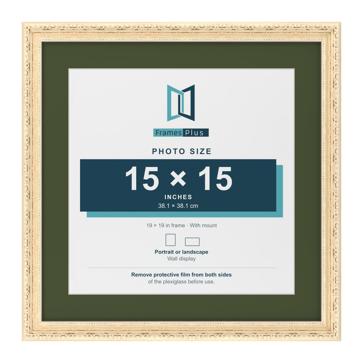 Louis Cream 19 x 19 inch picture frame with a green mount for a 15 x 15 inch photo