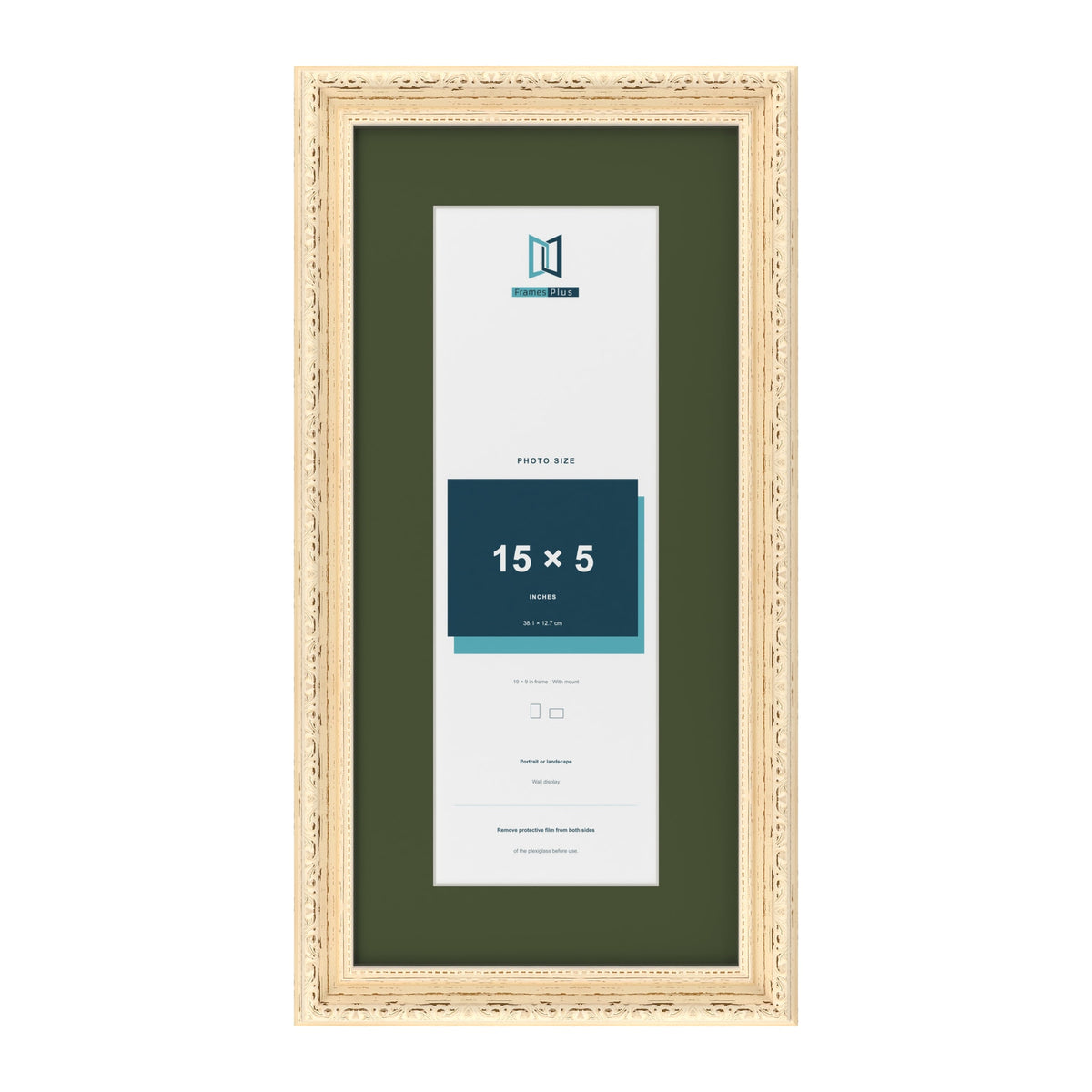 Louis Cream 19 x 9 inch picture frame with a green mount for a 15 x 5 inch photo