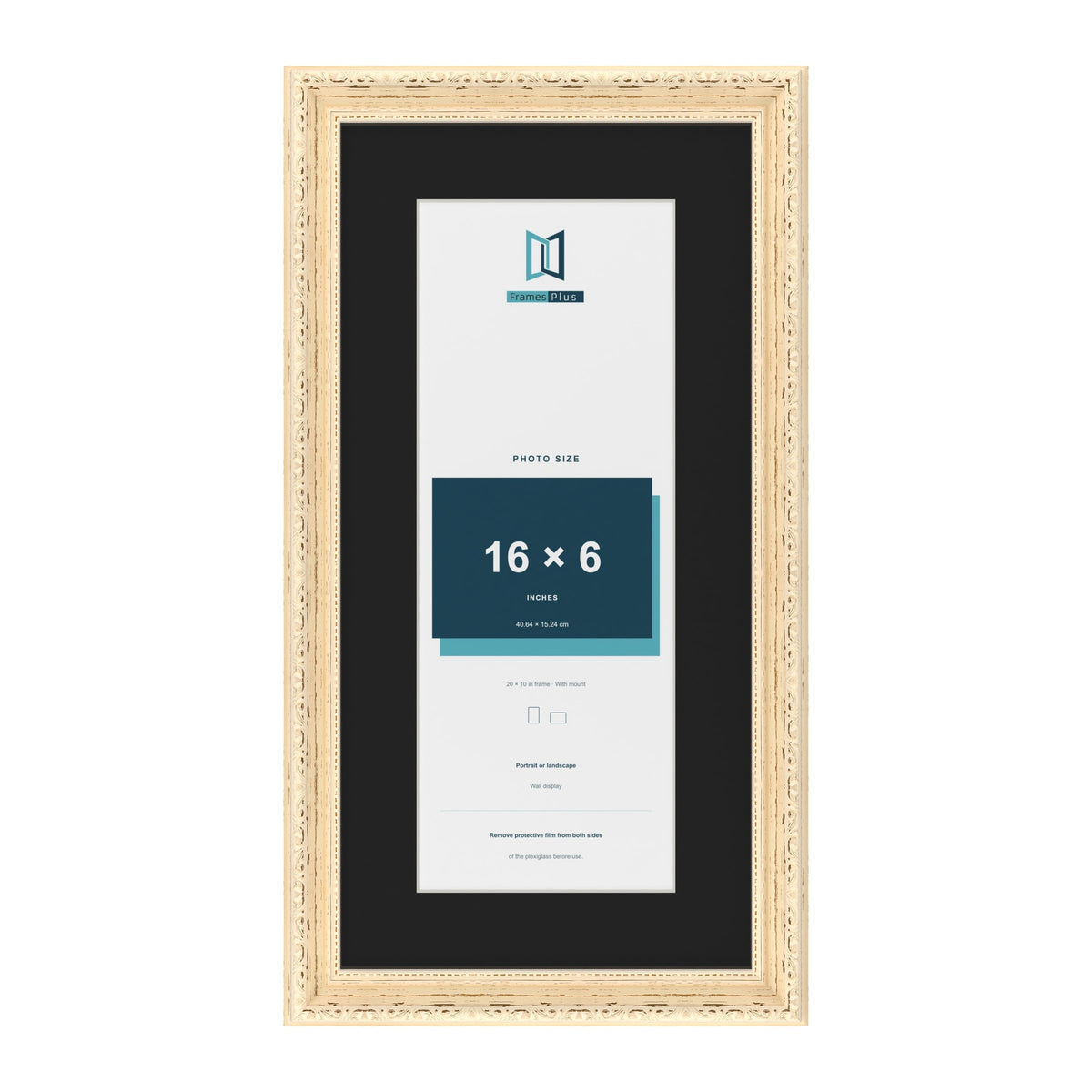 Louis Cream 20 x 10 inch picture frame with a black mount for a 16 x 6 inch photo