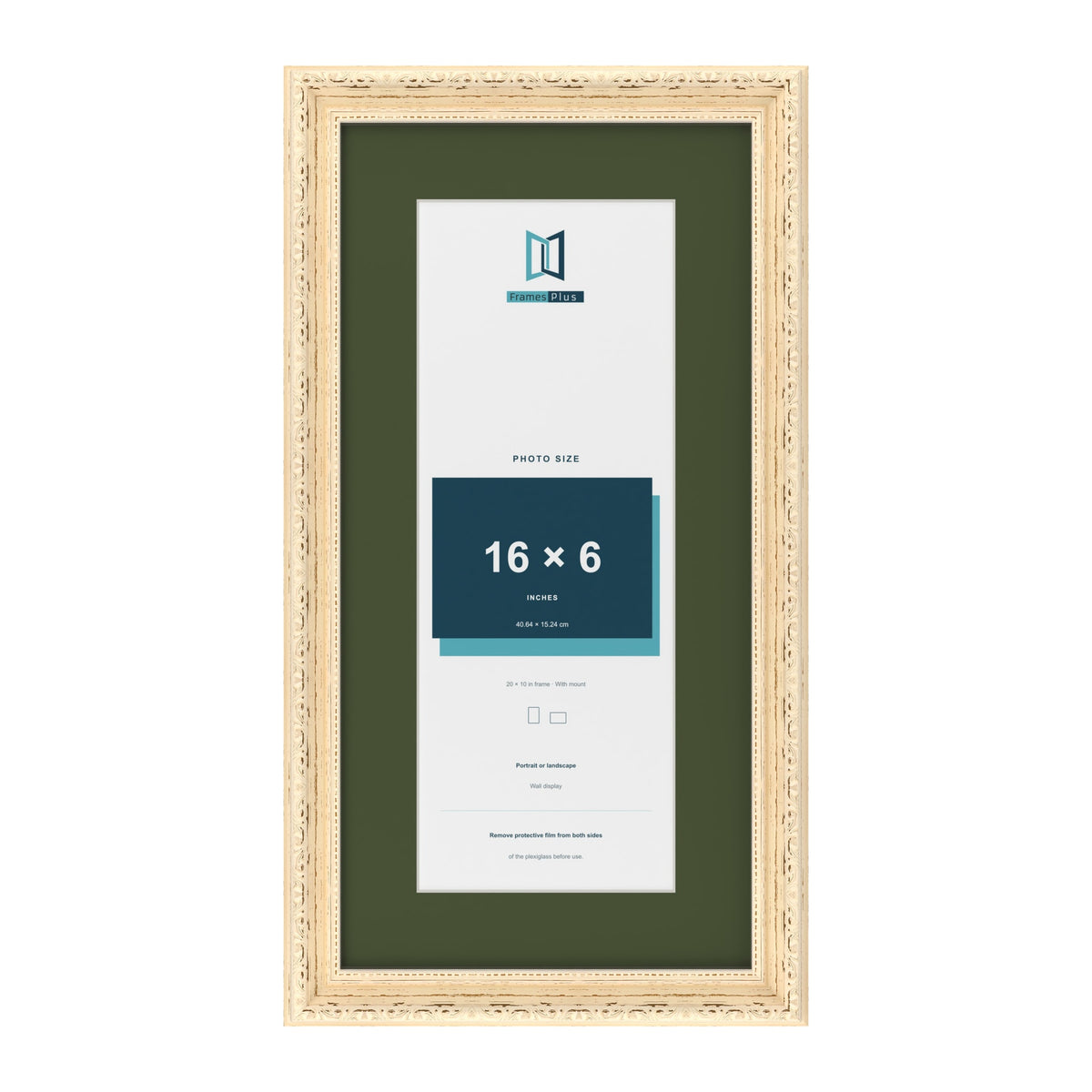 Louis Cream 20 x 10 inch picture frame with a green mount for a 16 x 6 inch photo
