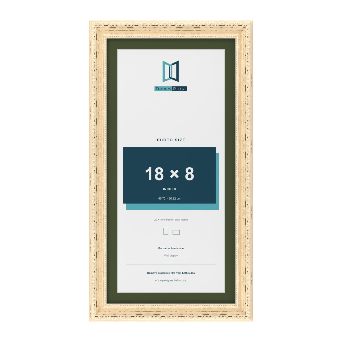 Louis Cream 20 x 10 inch picture frame with a green mount for an 18 x 8 inch photo