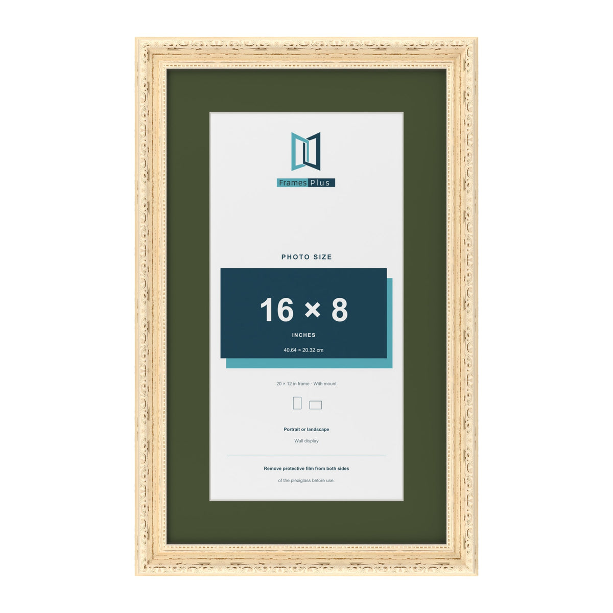 Louis Cream 20 x 12 inch picture frame with a green mount for a 16 x 8 inch photo