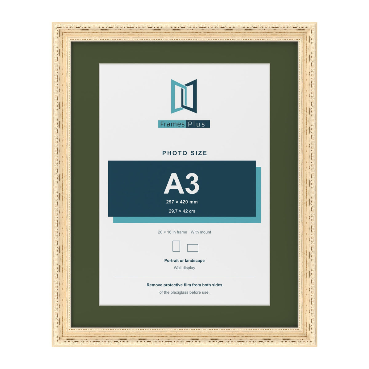 Louis Cream 20 x 16 inch picture frame with a green mount for an A3 photo