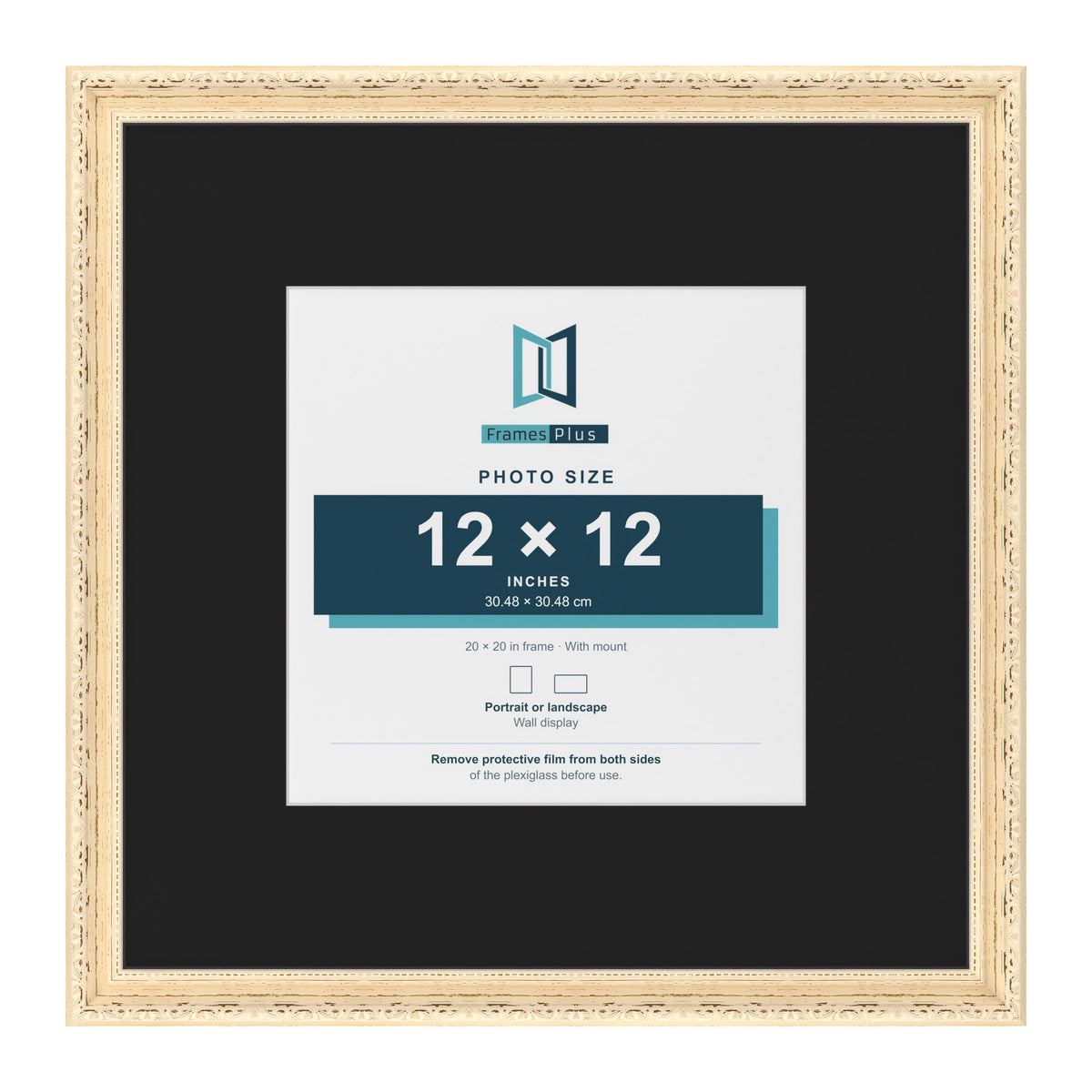 Louis Cream 20 x 20 inch picture frame with a black mount for a 12 x 12 inch photo