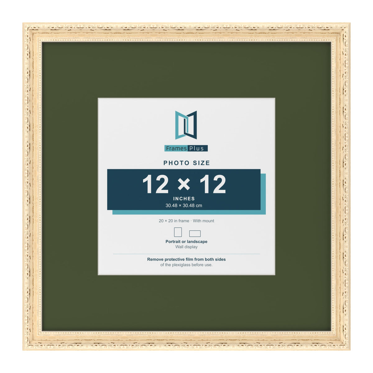 Louis Cream 20 x 20 inch picture frame with a green mount for a 12 x 12 inch photo