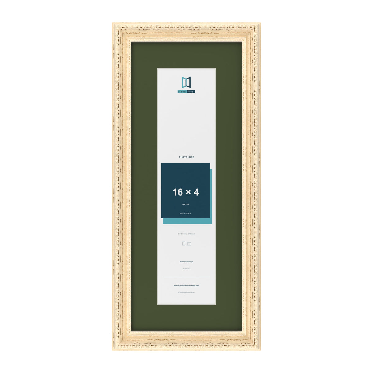 Louis Cream 20 x 8 inch picture frame with a green mount for a 16 x 4 inch photo