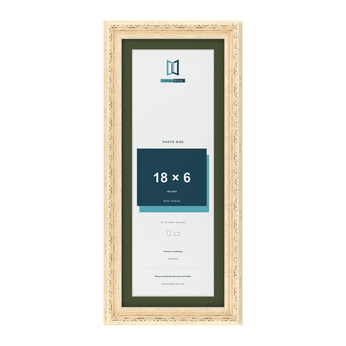 Louis Cream 20 x 8 inch picture frame with a green mount for an 18 x 6 inch photo