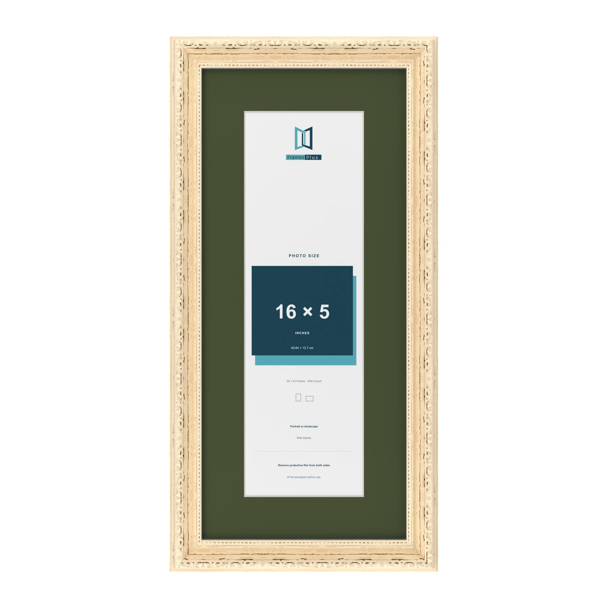 Louis Cream 20 x 9 inch picture frame with a green mount for a 16 x 5 inch photo