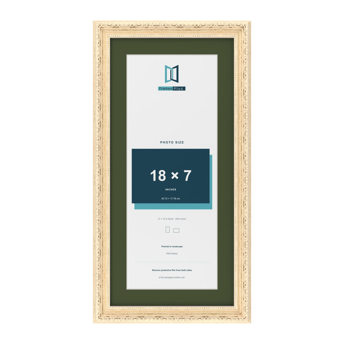 Louis Cream 21 x 10 inch picture frame with a green mount for an 18 x 7 inch photo
