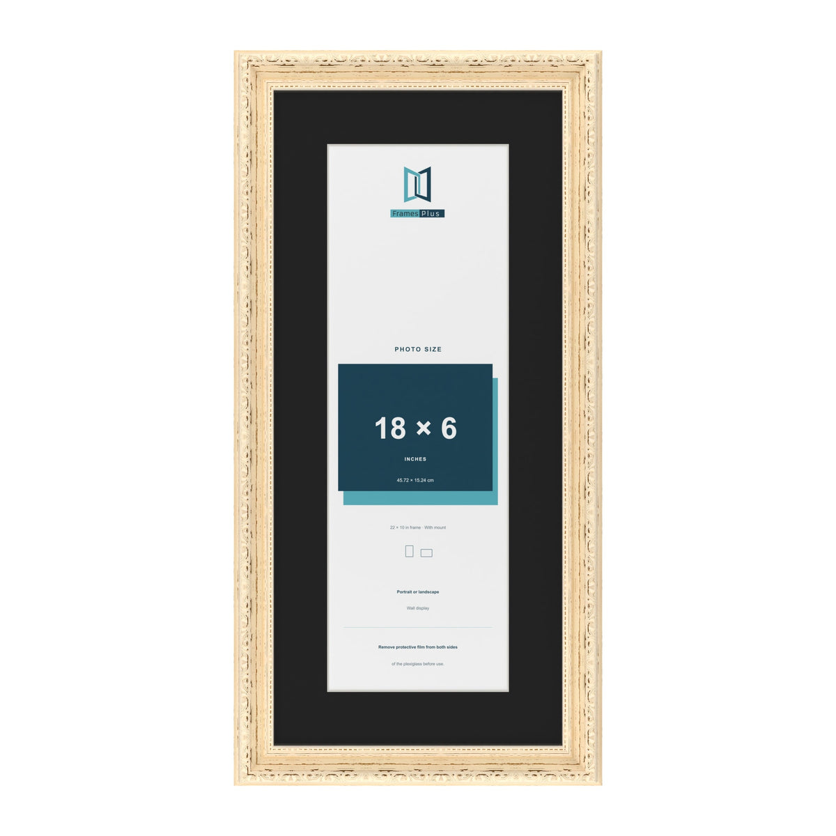 Louis Cream 22 x 10 inch picture frame with a black mount for an 18 x 6 inch photo