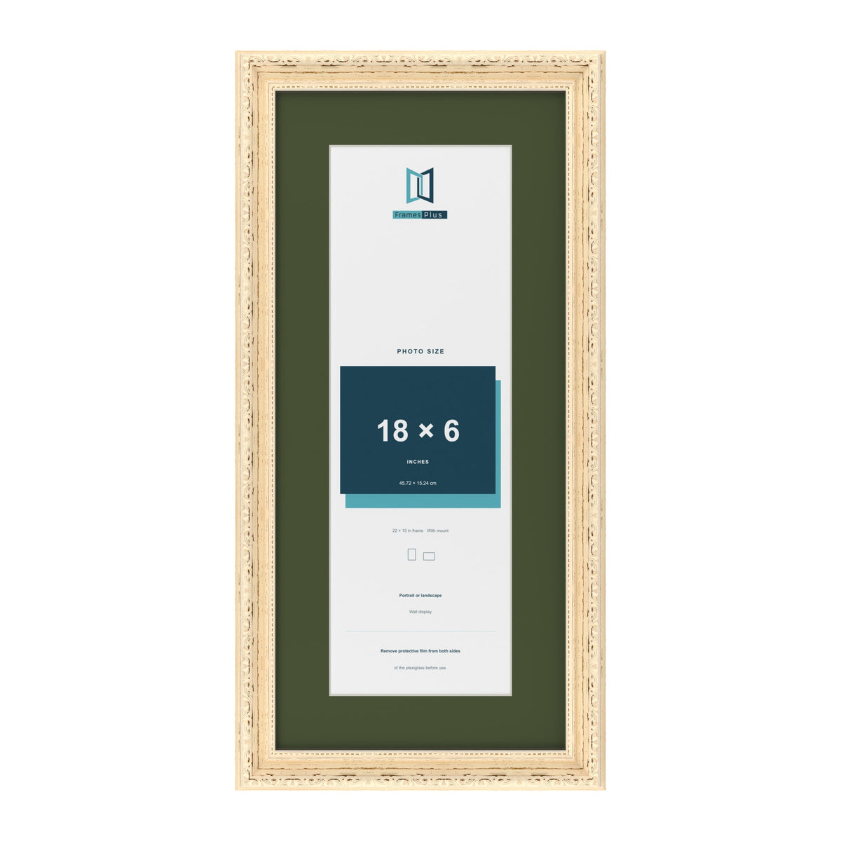 Louis Cream 22 x 10 inch picture frame with a green mount for an 18 x 6 inch photo