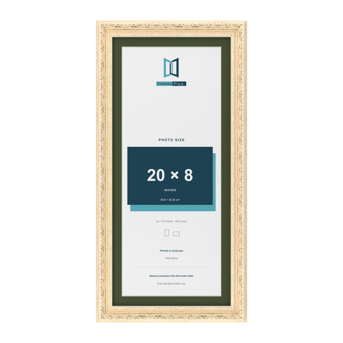 Louis Cream 22 x 10 inch picture frame with a green mount for a 20 x 8 inch photo