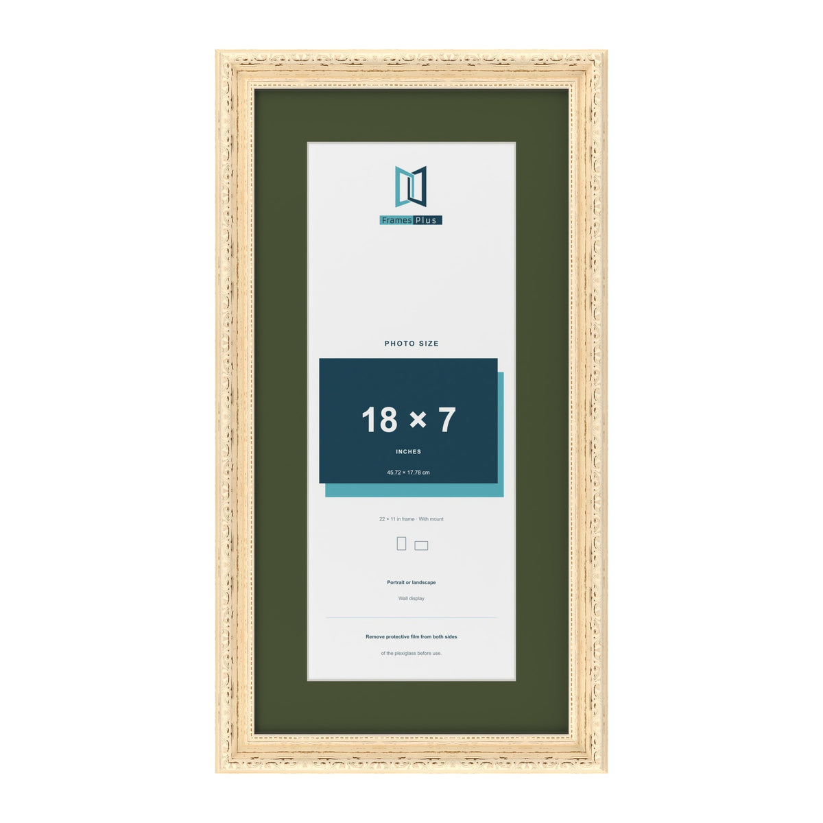 Louis Cream 22 x 11 inch picture frame with a green mount for an 18 x 7 inch photo