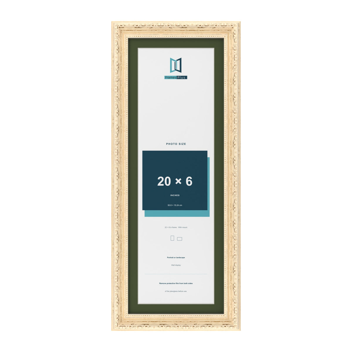 Louis Cream 22 x 8 inch picture frame with a green mount for a 20 x 6 inch photo