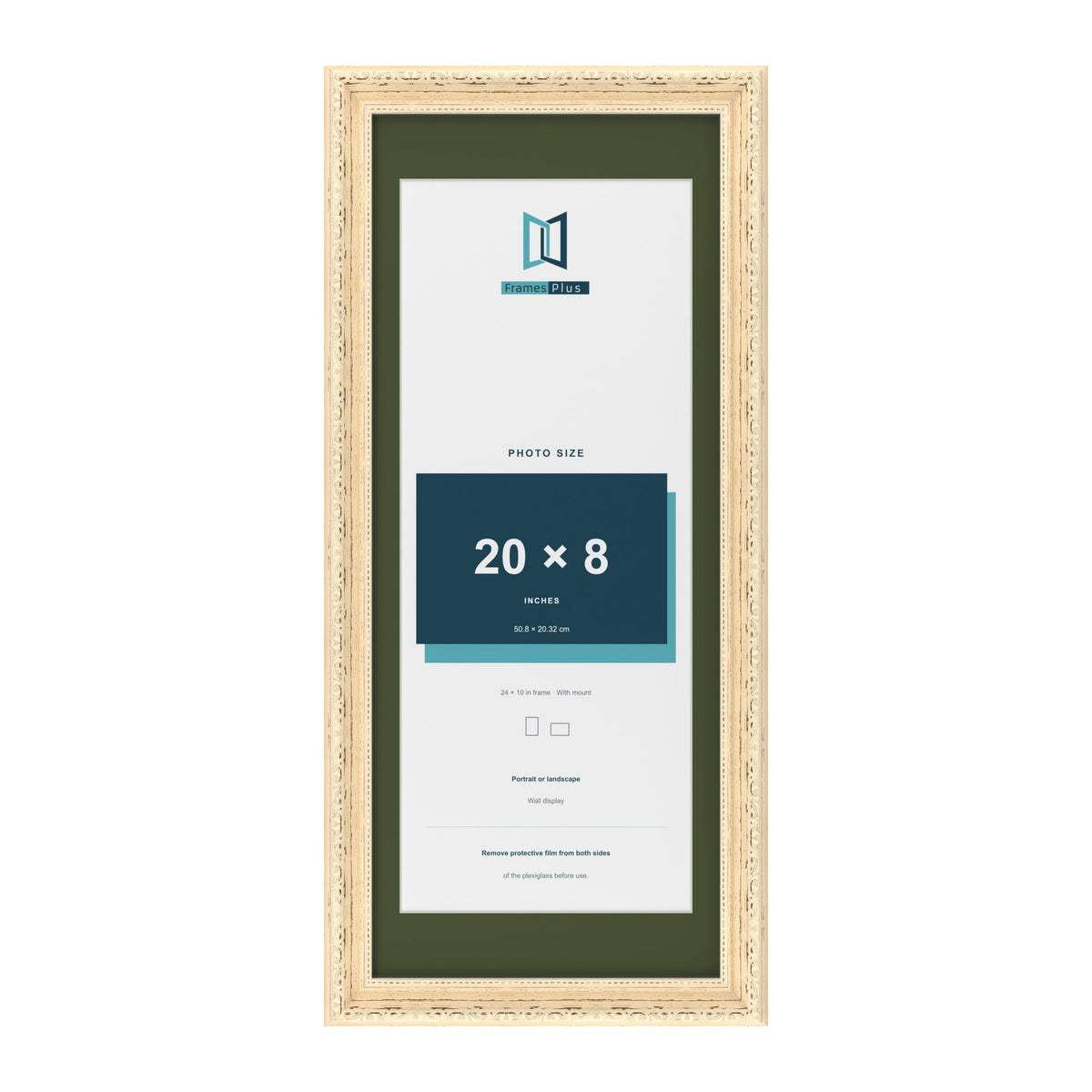Louis Cream 24 x 10 inch picture frame with a green mount for a 20 x 8 inch photo