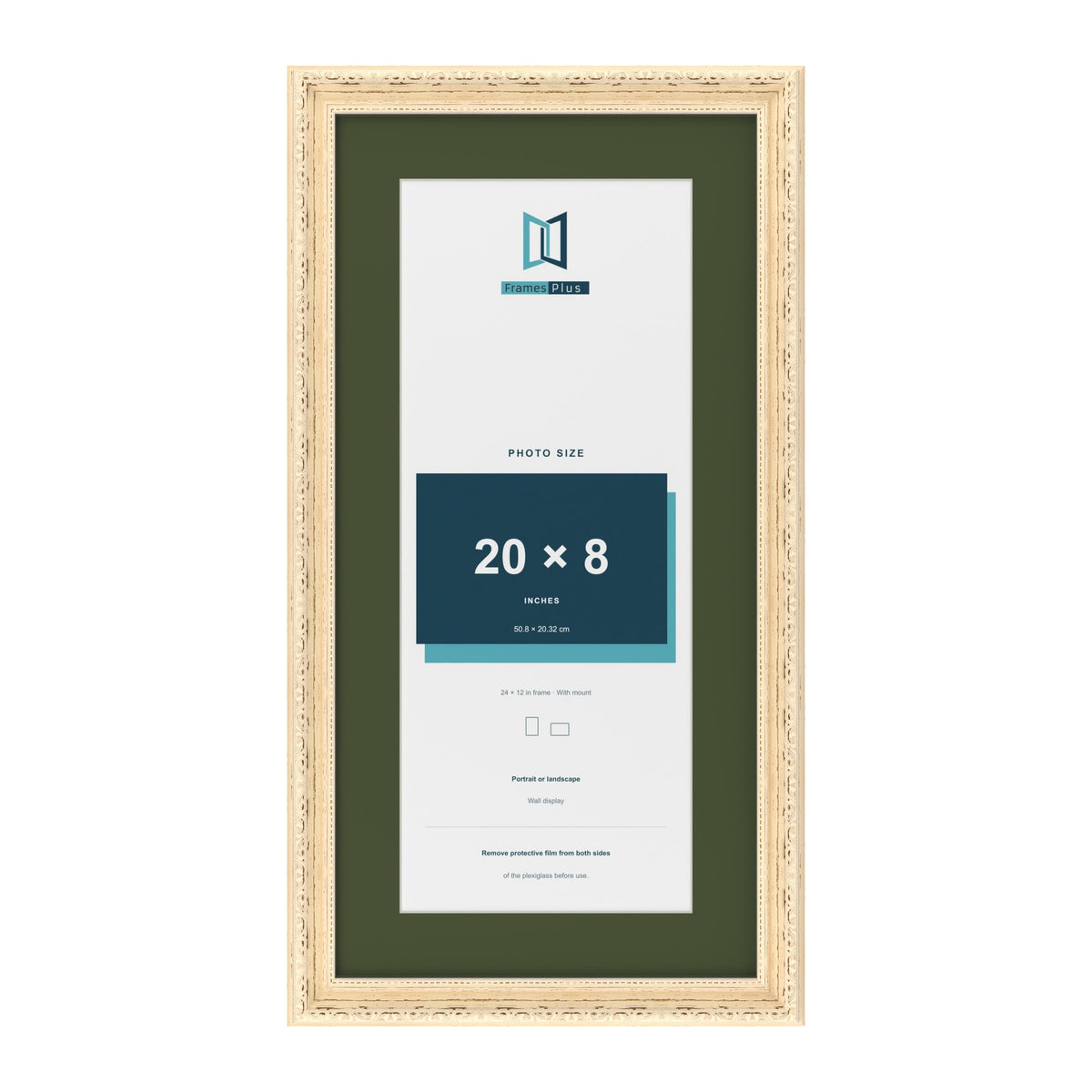 Louis Cream 24 x 12 inch picture frame with a green mount for a 20 x 8 inch photo