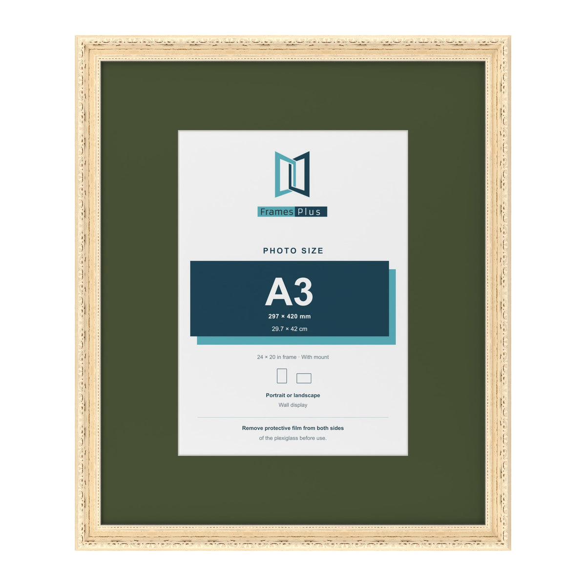 Louis Cream 24 x 20 inch picture frame with a green mount for an A3 photo