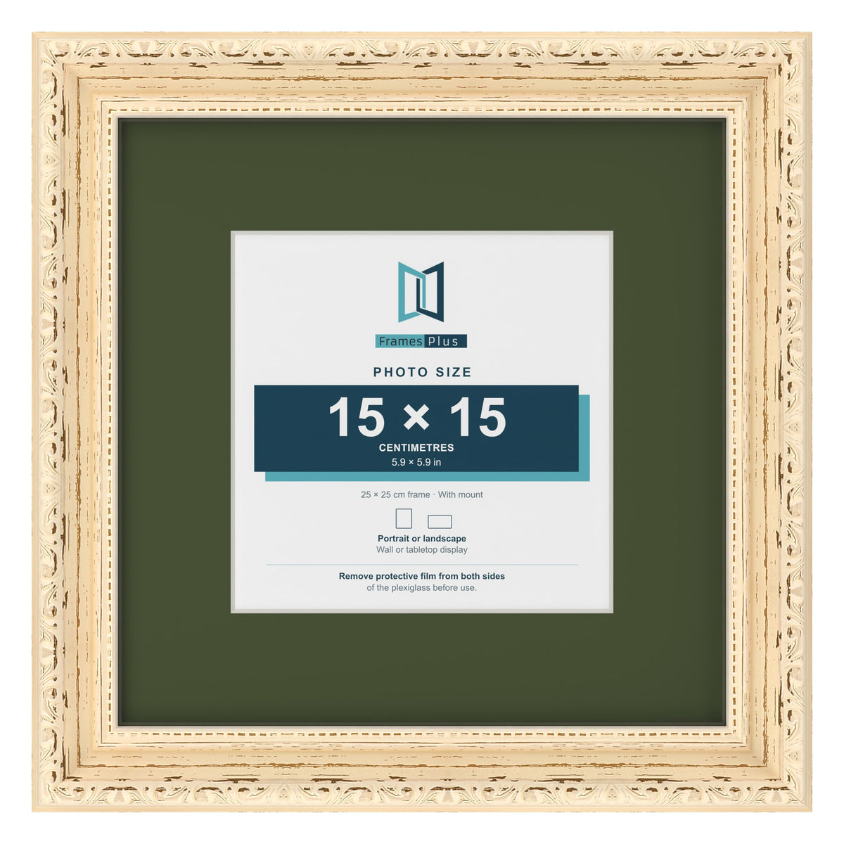 Louis Cream 25 x 25 cm picture frame with a green mount for a 15 x 15 cm photo