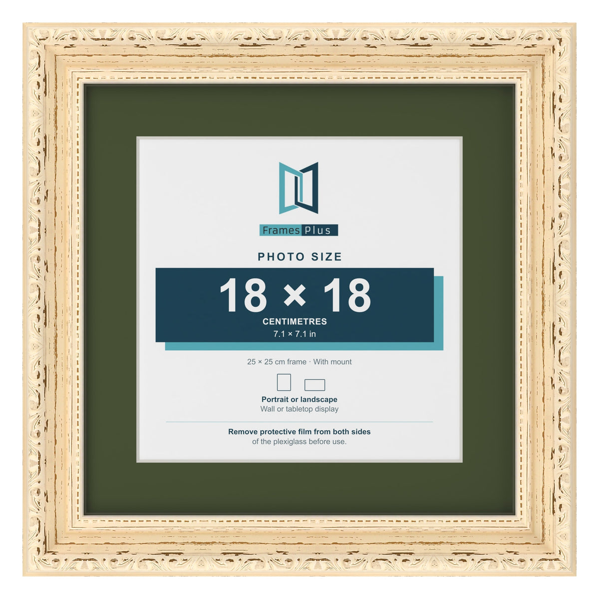 Louis Cream 25 x 25 cm picture frame with a green mount for an 18 x 18 cm photo