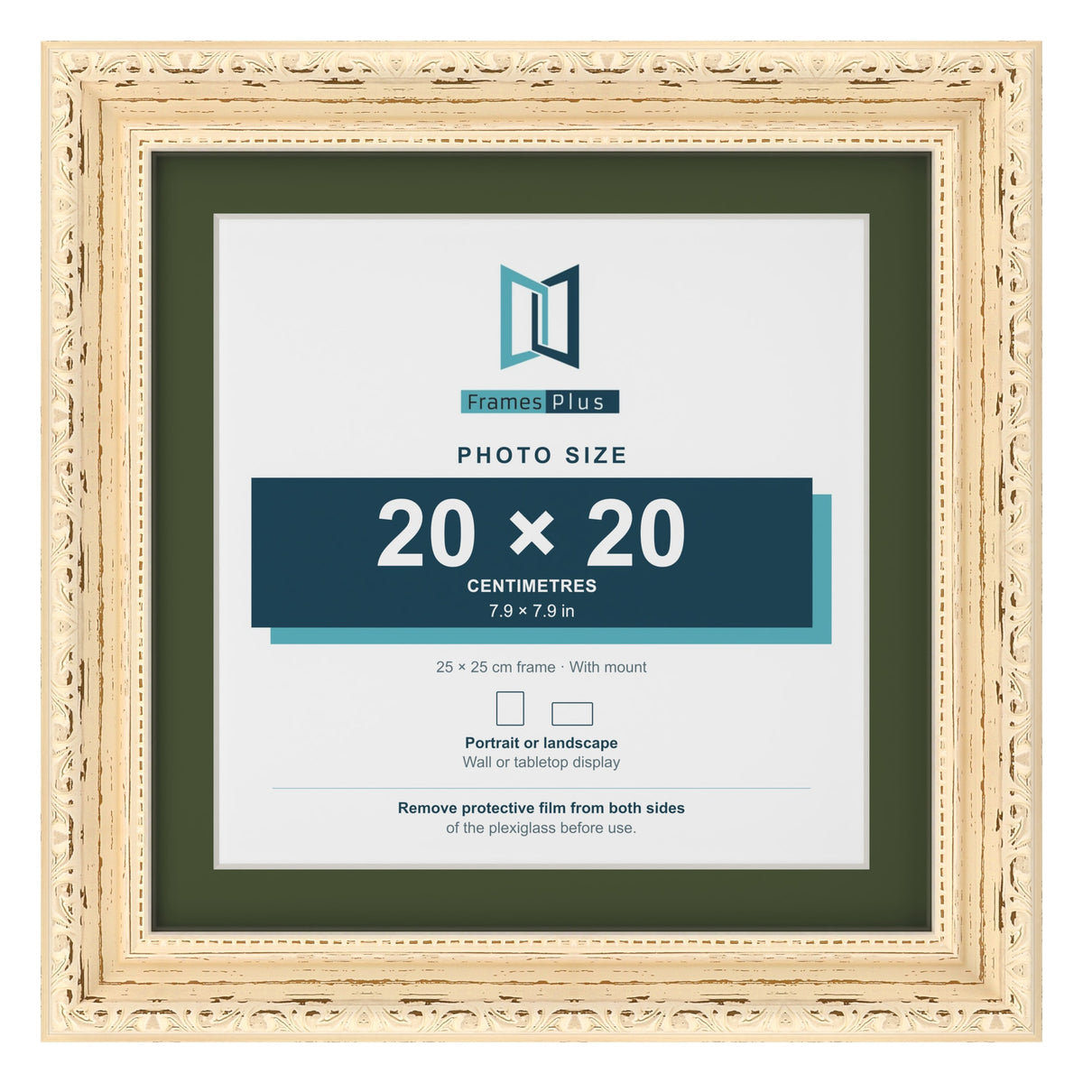 Louis Cream 25 x 25 cm picture frame with a green mount for a 20 x 20 cm photo