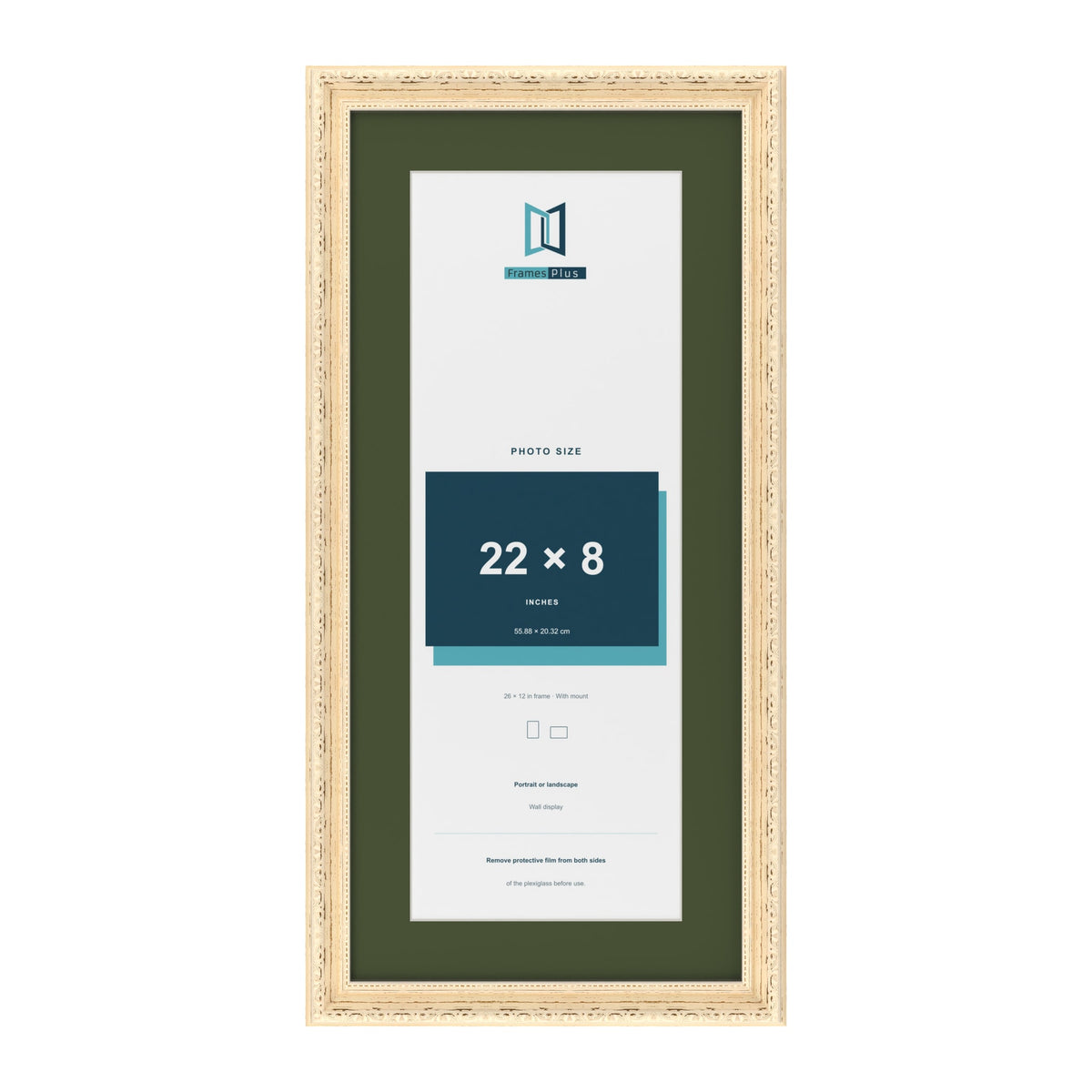 Louis Cream 26 x 12 inch picture frame with a green mount for a 22 x 8 inch photo