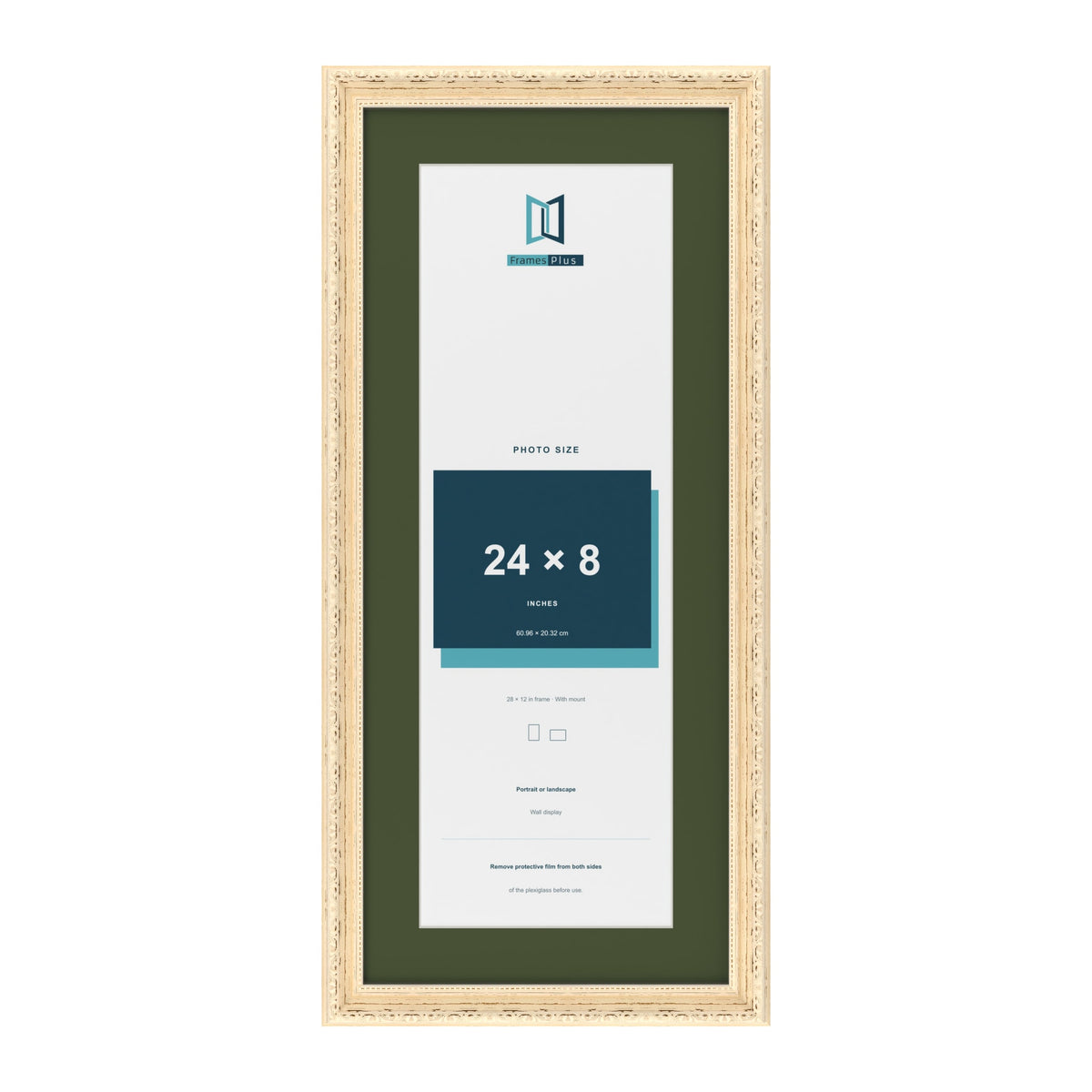 Louis Cream 28 x 12 inch picture frame with a green mount for a 24 x 8 inch photo